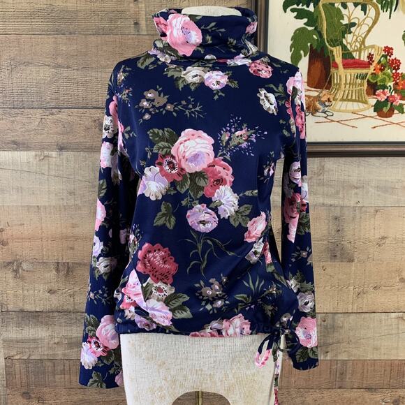 Vintage 1970’s Romantic Dark Floral Turtleneck Tie Waist Hem Size Medium - Picture 2 of 9
